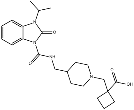 Cyclobutanecarboxylic acid, 1-[[4-[[[[2,3-dihydro-3-(1-Methylethyl)-2-oxo-1H-benziMidazol-1-yl]carbonyl]aMino]Methyl]-1-piperidinyl]Methyl]-,871022-14-9,结构式