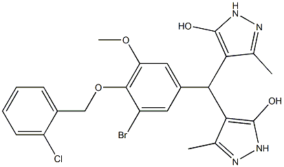 4-[{3-bromo-4-[(2-chlorobenzyl)oxy]-5-methoxyphenyl}(5-hydroxy-3-methyl-1H-pyrazol-4-yl)methyl]-3-methyl-1H-pyrazol-5-ol Structure