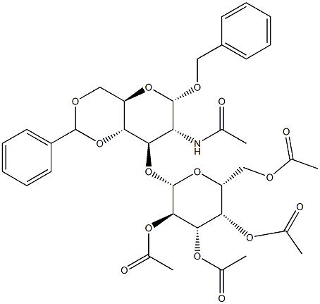 2-乙酰氨基-3-O-(2,3,4,6-四-O-乙酰基-Β-D-吡喃半乳糖基)-4,6-O-亚苄基-2-脱氧-Α-D-吡喃葡萄糖苷 结构式