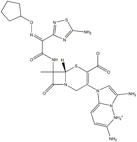 7-(2-(5-amino-1,2,4-thiadiazol--3-yl)-2-cyclopentyloxyiminoacetamido)-3-(3,6-diaminoimidazo(1,2-b)pyridazinium-1-yl)methyl-3-cephem-4-carboxylate Struktur