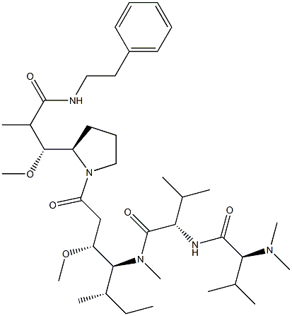 (2S)-2-[[(2S)-2-dimethylamino-3-methyl-butanoyl]amino]-N-[(3R,4S,5S)-3-methoxy-1-[(2S)-2-[(1R,2R)-1-methoxy-2-(phenethylcarbamoyl)propyl]pyrrolidin-1-yl]-5-methyl-1-oxo-heptan-4-yl]-N,3-dimethyl-butanamide Struktur