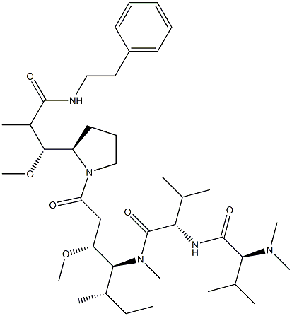 (2S)-2-[[(2S)-2-dimethylamino-3-methyl-butanoyl]amino]-N-[(3R,4S,5S)-3-methoxy-1-[(2S)-2-[(1R,2R)-1-methoxy-2-(phenethylcarbamoyl)propyl]pyrrolidin-1-yl]-5-methyl-1-oxo-heptan-4-yl]-N,3-dimethyl-butanamide 化学構造式