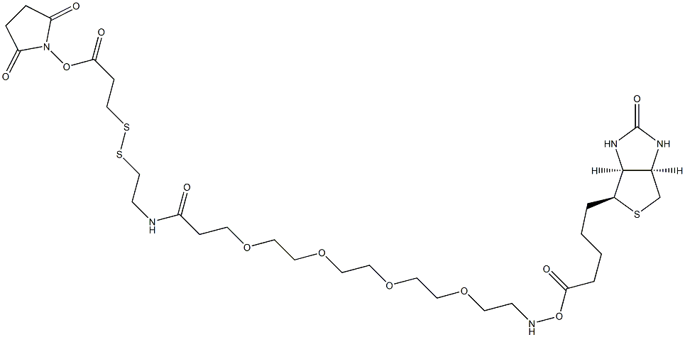 1-Biotinamino-15-oxo-3,6,9,12-tetraoxa-19,20-dithia-16-azatricosan-23-oic acid succinimidyl ester Structure