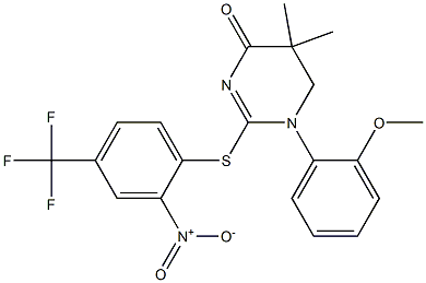 1-(2-methoxyphenyl)-5,5-dimethyl-2-{[2-nitro-4-(trifluoromethyl)phenyl]thio}-1,4,5,6-tetrahydropyrimidin-4-one Struktur