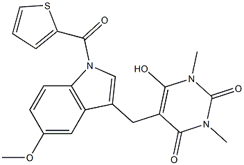 6-hydroxy-5-{[5-methoxy-1-(2-thienylcarbonyl)-1H-indol-3-yl]methyl}-1,3-dimethyl-2,4(1H,3H)-pyrimidinedione Struktur