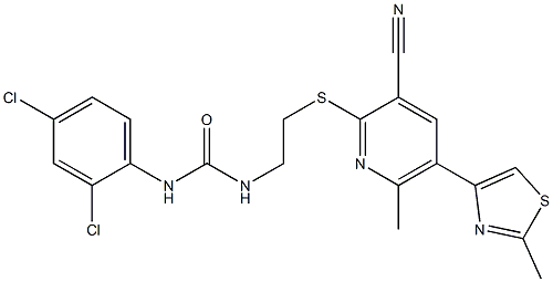 N-(2-{[3-cyano-6-methyl-5-(2-methyl-1,3-thiazol-4-yl)-2-pyridyl]thio}ethyl)-N'-(2,4-dichlorophenyl)urea Struktur
