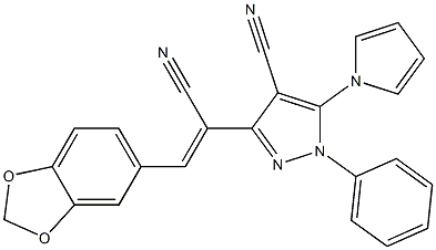 3-[2-(1,3-benzodioxol-5-yl)-1-cyanovinyl]-1-phenyl-5-(1H-pyrrol-1-yl)-1H-pyrazole-4-carbonitrile 化学構造式