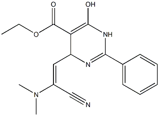 ethyl 4-[2-cyano-2-(dimethylamino)vinyl]-6-hydroxy-2-phenyl-1,4-dihydropyrimidine-5-carboxylate Struktur