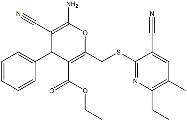 ethyl 6-amino-5-cyano-2-{[(3-cyano-6-ethyl-5-methyl-2-pyridinyl)sulfanyl]methyl}-4-phenyl-4H-pyran-3-carboxylate,,结构式