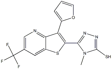 5-[3-(2-furyl)-6-(trifluoromethyl)thieno[3,2-b]pyridin-2-yl]-4-methyl-4H-1,2,4-triazole-3-thiol,,结构式