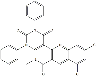 8,10-dichloro-5-methyl-2,4-diphenyl-1,2,3,4,5,6-hexahydrobenzo[b]pyrimido[4,5-h][1,6]naphthyridine-1,3,6-trione,,结构式