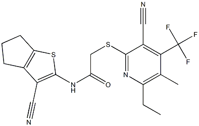 N-(3-cyano-5,6-dihydro-4H-cyclopenta[b]thiophen-2-yl)-2-{[3-cyano-6-ethyl-5-methyl-4-(trifluoromethyl)-2-pyridinyl]sulfanyl}acetamide,,结构式