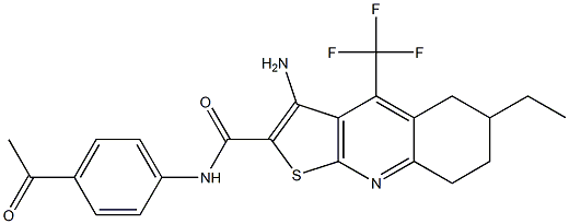 N-(4-acetylphenyl)-3-amino-6-ethyl-4-(trifluoromethyl)-5,6,7,8-tetrahydrothieno[2,3-b]quinoline-2-carboxamide 化学構造式