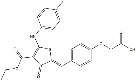 {4-[(4-(ethoxycarbonyl)-3-oxo-5-(4-toluidino)-2(3H)-thienylidene)methyl]phenoxy}acetic acid 化学構造式