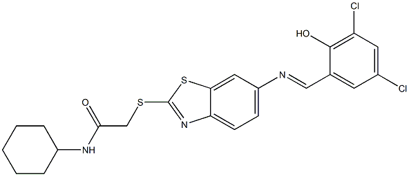 N-cyclohexyl-2-({6-[(3,5-dichloro-2-hydroxybenzylidene)amino]-1,3-benzothiazol-2-yl}sulfanyl)acetamide,,结构式