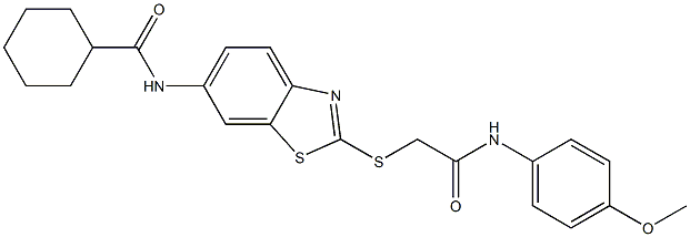 N-(2-{[2-(4-methoxyanilino)-2-oxoethyl]sulfanyl}-1,3-benzothiazol-6-yl)cyclohexanecarboxamide 结构式