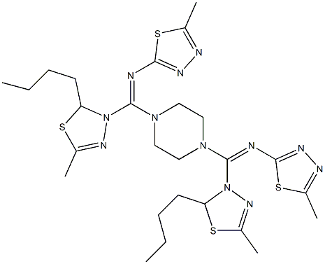 N-[(2-butyl-5-methyl-1,3,4-thiadiazol-3(2H)-yl)(4-{(2-butyl-5-methyl-1,3,4-thiadiazol-3(2H)-yl)[(5-methyl-1,3,4-thiadiazol-2-yl)imino]methyl}-1-piperazinyl)methylene]-N-(5-methyl-1,3,4-thiadiazol-2-yl
)amine Structure