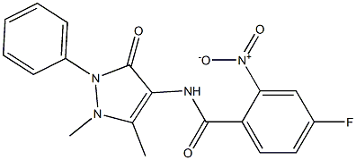 N-(1,5-dimethyl-3-oxo-2-phenyl-2,3-dihydro-1H-pyrazol-4-yl)-4-fluoro-2-nitrobenzamide,,结构式