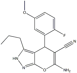 6-amino-4-[2-fluoro-5-(methyloxy)phenyl]-3-propyl-2,4-dihydropyrano[2,3-c]pyrazole-5-carbonitrile,,结构式