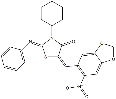 3-cyclohexyl-5-({6-nitro-1,3-benzodioxol-5-yl}methylene)-2-(phenylimino)-1,3-thiazolidin-4-one Struktur