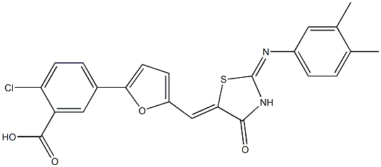 2-chloro-5-[5-({2-[(3,4-dimethylphenyl)imino]-4-oxo-1,3-thiazolidin-5-ylidene}methyl)-2-furyl]benzoic acid Structure