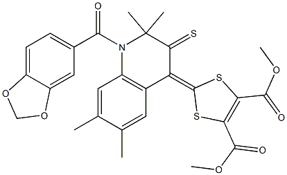 dimethyl 2-(1-(1,3-benzodioxol-5-ylcarbonyl)-2,2,6,7-tetramethyl-3-thioxo-2,3-dihydro-4(1H)-quinolinylidene)-1,3-dithiole-4,5-dicarboxylate 结构式