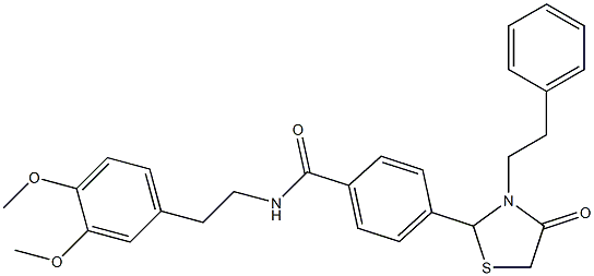 N-[2-(3,4-dimethoxyphenyl)ethyl]-4-[4-oxo-3-(2-phenylethyl)-1,3-thiazolidin-2-yl]benzamide,,结构式