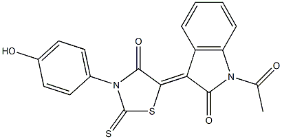 1-acetyl-3-[3-(4-hydroxyphenyl)-4-oxo-2-thioxo-1,3-thiazolidin-5-ylidene]-1,3-dihydro-2H-indol-2-one Struktur