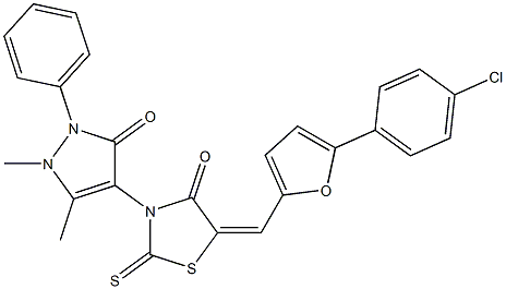 5-{[5-(4-chlorophenyl)-2-furyl]methylene}-3-(1,5-dimethyl-3-oxo-2-phenyl-2,3-dihydro-1H-pyrazol-4-yl)-2-thioxo-1,3-thiazolidin-4-one,,结构式