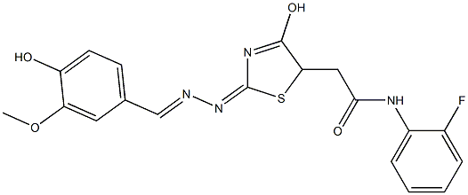 N-(2-fluorophenyl)-2-{4-hydroxy-2-[(4-hydroxy-3-methoxybenzylidene)hydrazono]-2,5-dihydro-1,3-thiazol-5-yl}acetamide,,结构式