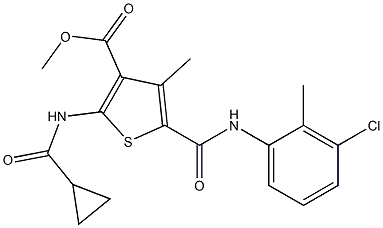 methyl 5-{[(3-chloro-2-methylphenyl)amino]carbonyl}-2-[(cyclopropylcarbonyl)amino]-4-methylthiophene-3-carboxylate Struktur