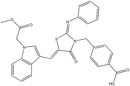 4-{[5-{[1-(2-methoxy-2-oxoethyl)-1H-indol-3-yl]methylene}-4-oxo-2-(phenylimino)-1,3-thiazolidin-3-yl]methyl}benzoic acid 结构式