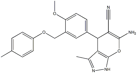 6-amino-4-{4-methoxy-3-[(4-methylphenoxy)methyl]phenyl}-3-methyl-1,4-dihydropyrano[2,3-c]pyrazole-5-carbonitrile Structure