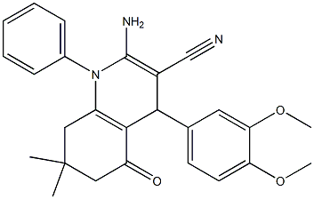 2-amino-4-(3,4-dimethoxyphenyl)-7,7-dimethyl-5-oxo-1-phenyl-1,4,5,6,7,8-hexahydroquinoline-3-carbonitrile,,结构式