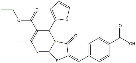 4-[(6-(ethoxycarbonyl)-7-methyl-3-oxo-5-(2-thienyl)-5H-[1,3]thiazolo[3,2-a]pyrimidin-2(3H)-ylidene)methyl]benzoic acid 化学構造式