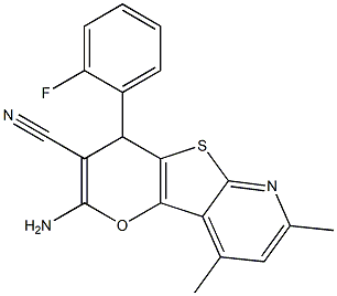 2-amino-4-(2-fluorophenyl)-7,9-dimethyl-4H-pyrano[2',3':4,5]thieno[2,3-b]pyridine-3-carbonitrile 化学構造式