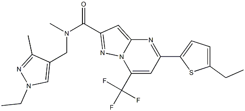 N-[(1-ethyl-3-methyl-1H-pyrazol-4-yl)methyl]-5-(5-ethyl-2-thienyl)-N-methyl-7-(trifluoromethyl)pyrazolo[1,5-a]pyrimidine-2-carboxamide 化学構造式