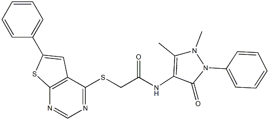 N-(1,5-dimethyl-3-oxo-2-phenyl-2,3-dihydro-1H-pyrazol-4-yl)-2-[(6-phenylthieno[2,3-d]pyrimidin-4-yl)sulfanyl]acetamide 结构式