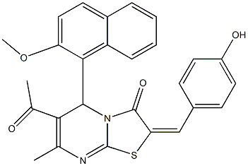 6-acetyl-2-(4-hydroxybenzylidene)-5-(2-methoxy-1-naphthyl)-7-methyl-5H-[1,3]thiazolo[3,2-a]pyrimidin-3(2H)-one 化学構造式