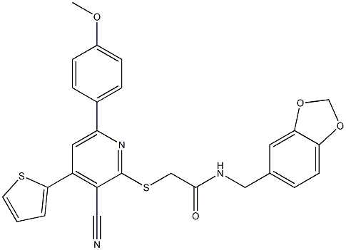 N-(1,3-benzodioxol-5-ylmethyl)-2-{[3-cyano-6-(4-methoxyphenyl)-4-(2-thienyl)-2-pyridinyl]sulfanyl}acetamide 结构式