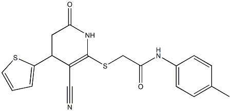 2-{[3-cyano-6-oxo-4-(2-thienyl)-1,4,5,6-tetrahydro-2-pyridinyl]sulfanyl}-N-(4-methylphenyl)acetamide Struktur