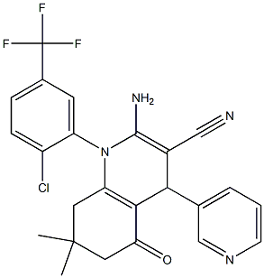 2-amino-1-[2-chloro-5-(trifluoromethyl)phenyl]-7,7-dimethyl-5-oxo-4-(3-pyridinyl)-1,4,5,6,7,8-hexahydro-3-quinolinecarbonitrile Struktur