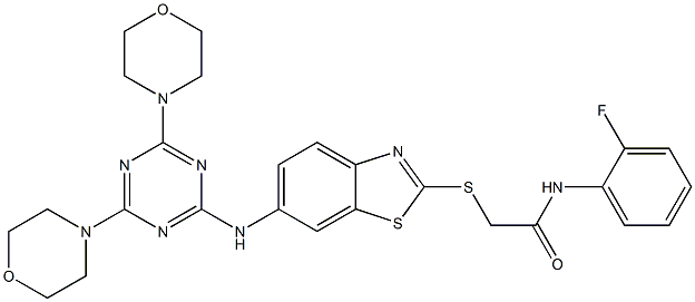 2-[(6-{[4,6-di(4-morpholinyl)-1,3,5-triazin-2-yl]amino}-1,3-benzothiazol-2-yl)sulfanyl]-N-(2-fluorophenyl)acetamide|