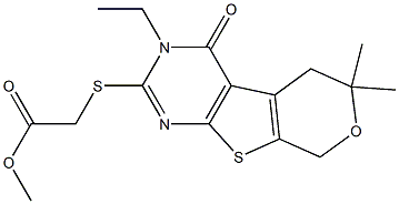 methyl [(3-ethyl-6,6-dimethyl-4-oxo-3,5,6,8-tetrahydro-4H-pyrano[4',3':4,5]thieno[2,3-d]pyrimidin-2-yl)sulfanyl]acetate Struktur