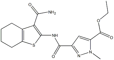 ethyl 3-({[3-(aminocarbonyl)-4,5,6,7-tetrahydro-1-benzothien-2-yl]amino}carbonyl)-1-methyl-1H-pyrazole-5-carboxylate 化学構造式