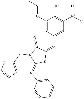 5-{3-ethoxy-4-hydroxy-5-nitrobenzylidene}-3-(2-furylmethyl)-2-(phenylimino)-1,3-thiazolidin-4-one Struktur