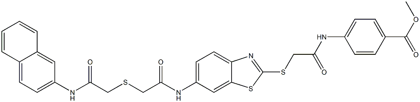 methyl 4-{[({6-[({[2-(2-naphthylamino)-2-oxoethyl]sulfanyl}acetyl)amino]-1,3-benzothiazol-2-yl}sulfanyl)acetyl]amino}benzoate Struktur
