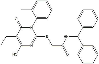 N-benzhydryl-2-{[5-ethyl-4-hydroxy-1-(2-methylphenyl)-6-oxo-1,6-dihydropyrimidin-2-yl]sulfanyl}acetamide Struktur