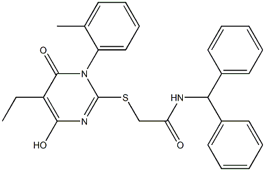 N-benzhydryl-2-{[5-ethyl-4-hydroxy-1-(2-methylphenyl)-6-oxo-1,6-dihydropyrimidin-2-yl]sulfanyl}acetamide Structure