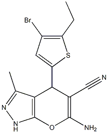6-amino-4-(4-bromo-5-ethylthien-2-yl)-3-methyl-1,4-dihydropyrano[2,3-c]pyrazole-5-carbonitrile,,结构式